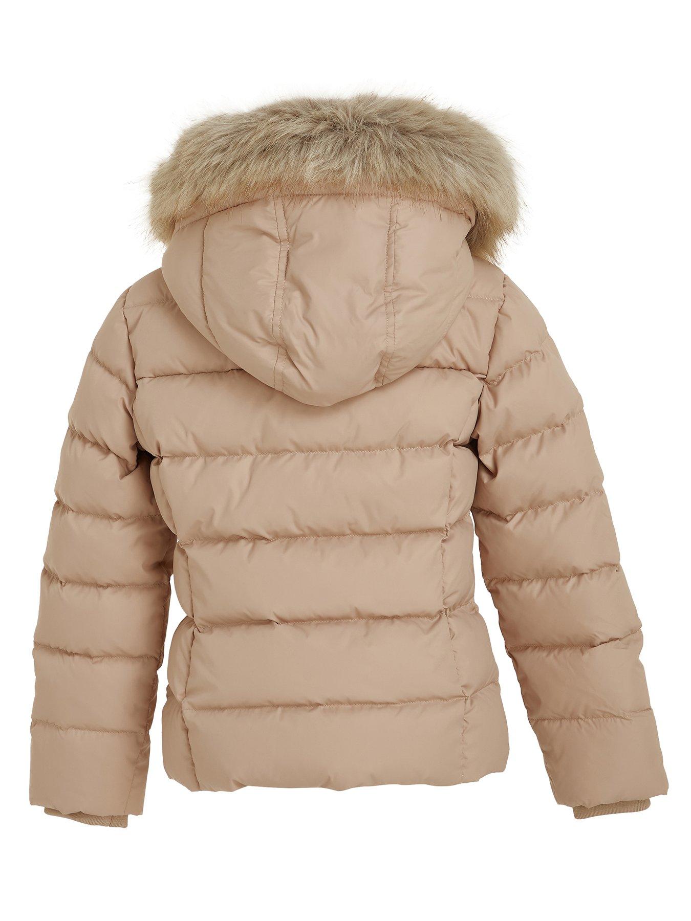 Girls Essential Down Faux Fur Hood Jacket - Beige