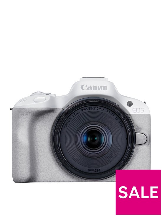 front image of canon-eos-r50-aps-c-mirrorless-camera-inc-rf-s-18-45mm-lens-white