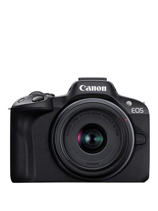 front image of canon-eos-r50-aps-c-mirrorless-camera-inc-rf-s-18-45mm-lens-black