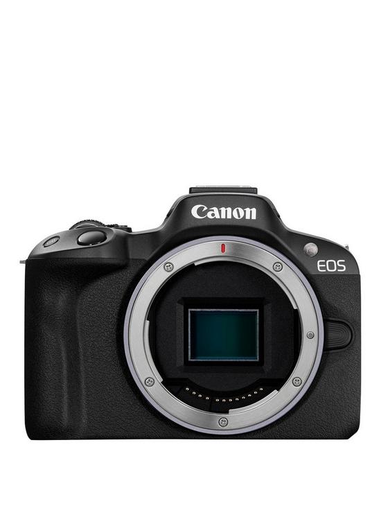 front image of canon-eos-r50-aps-c-mirrorless-camera-body-only-black