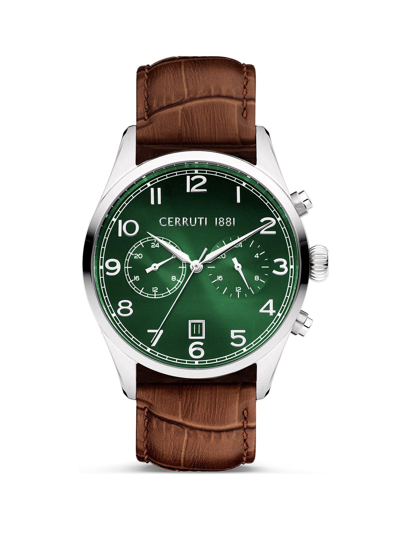 Product photograph of Cerruti Cavareno Brown Leather Strap Buckle Watch With Green Dial from very.co.uk