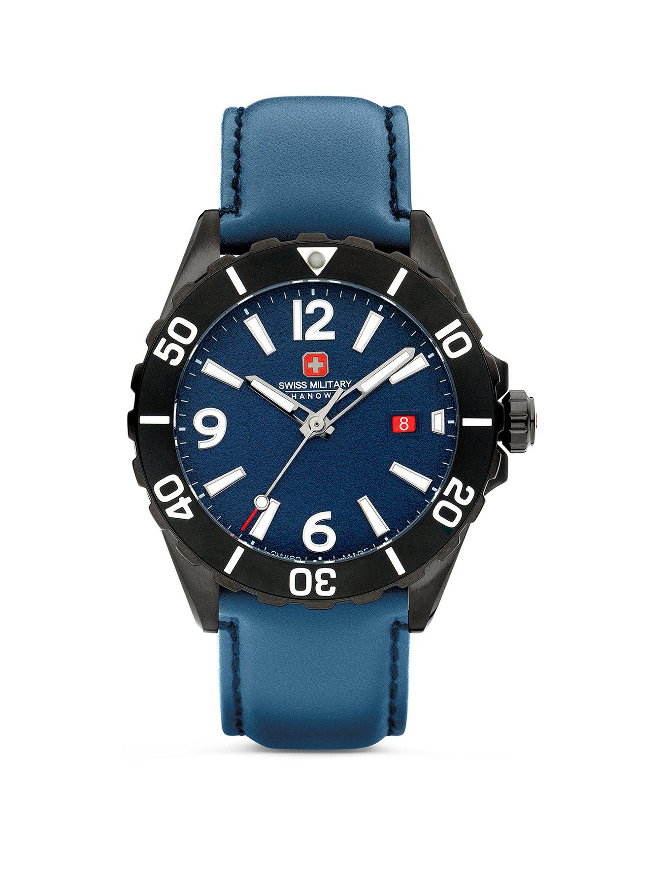 swiss-military-navy-genuine-leather-strap-buckle-watch-with-blue-dial