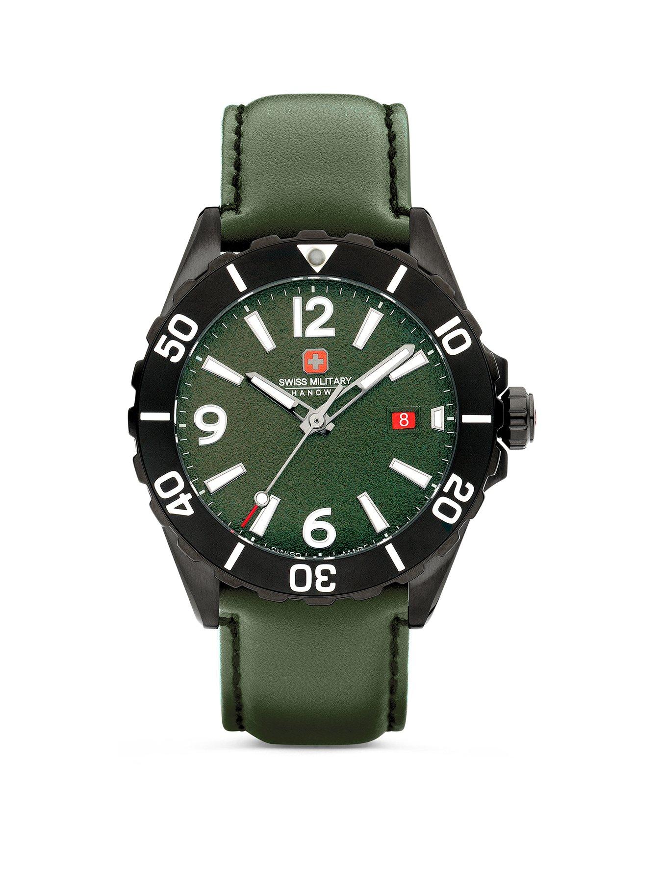 Product photograph of Swiss Military Black Genuine Leather Strap Buckle Watch With Green Dial from very.co.uk