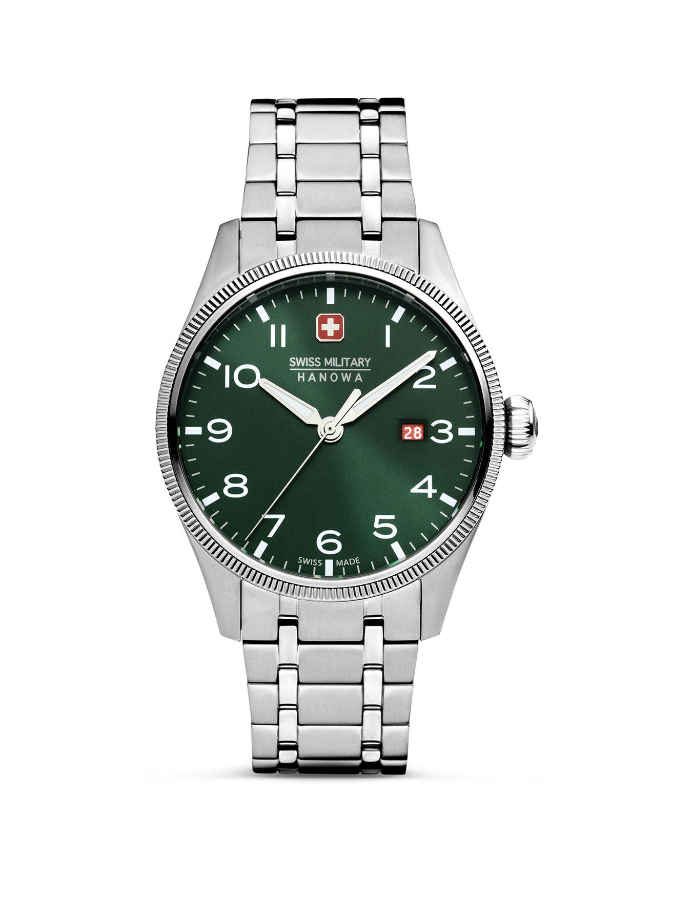 Product photograph of Swiss Military Silver Stainless Steel Bracelet Watch With Olive Dial from very.co.uk