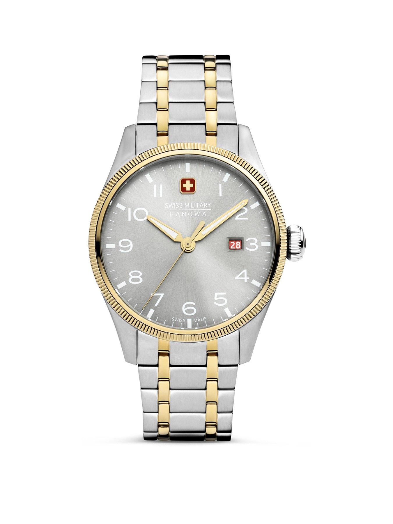 Product photograph of Swiss Military Silver And Yellow Gold Stainless Steel Bracelet Watch With Warm Grey Dial from very.co.uk