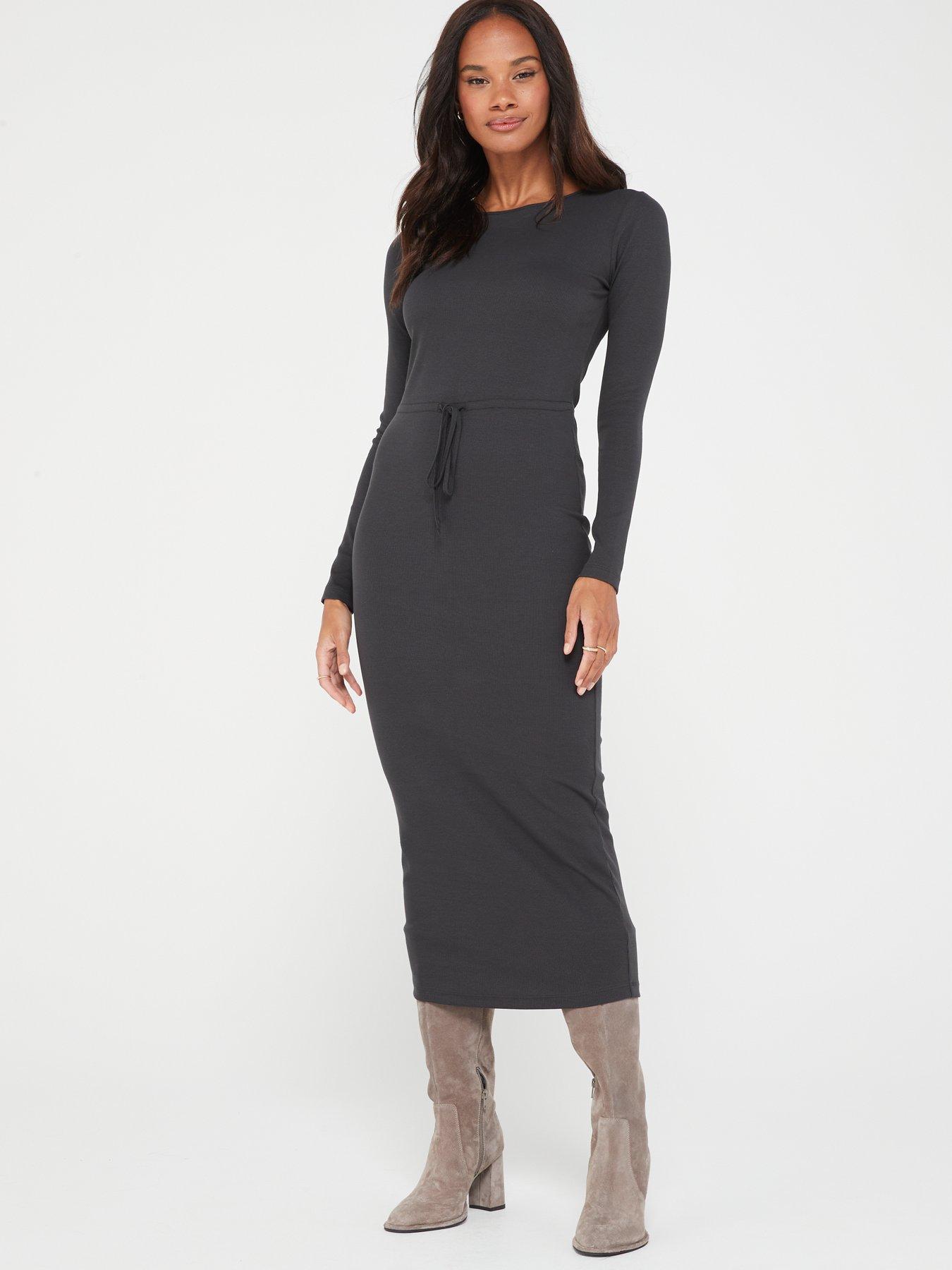 Everyday Ribbed Long Sleeve Dress Grey very.co.uk