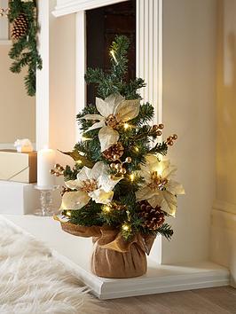 Product photograph of 24 Inch Poinsettia Lit Table Top Christmas Tree - Gold from very.co.uk