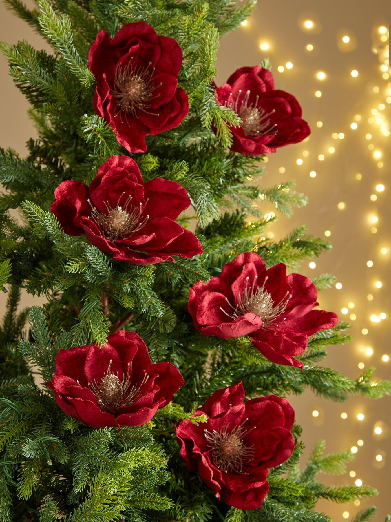 Very Home Set of 6 Clip On Magnolia Burgundy Flower Christmas Tree
