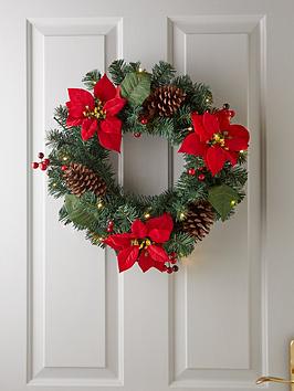 Product photograph of Poinsettia Pre Lit Christmas Wreath - Red from very.co.uk