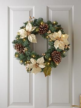 Product photograph of Poinsettia Pre Lit Christmas Wreath - Gold from very.co.uk