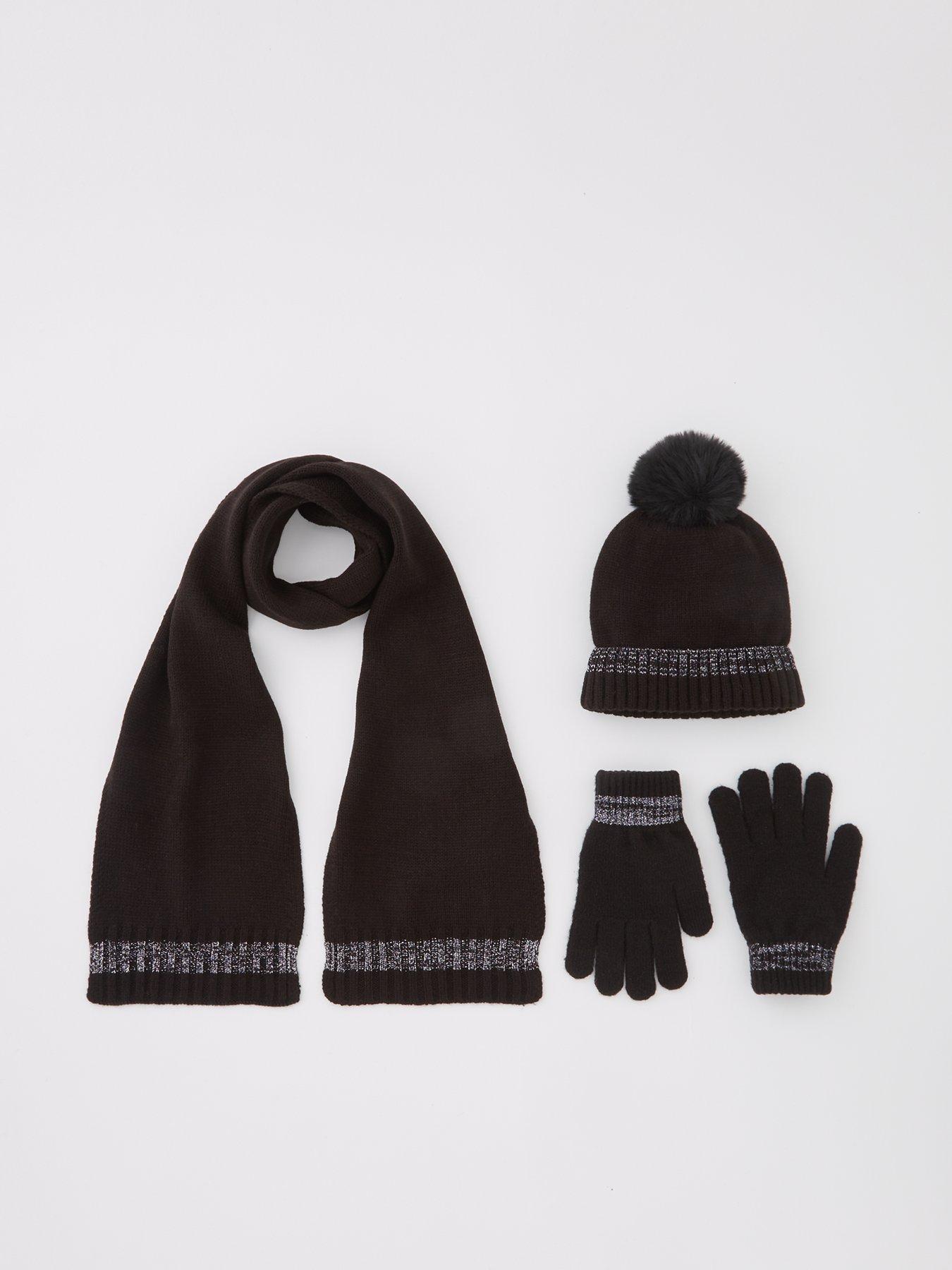 V by Very Older Girls Knitted Beanie Bobble Hat, Gloves and Scarf