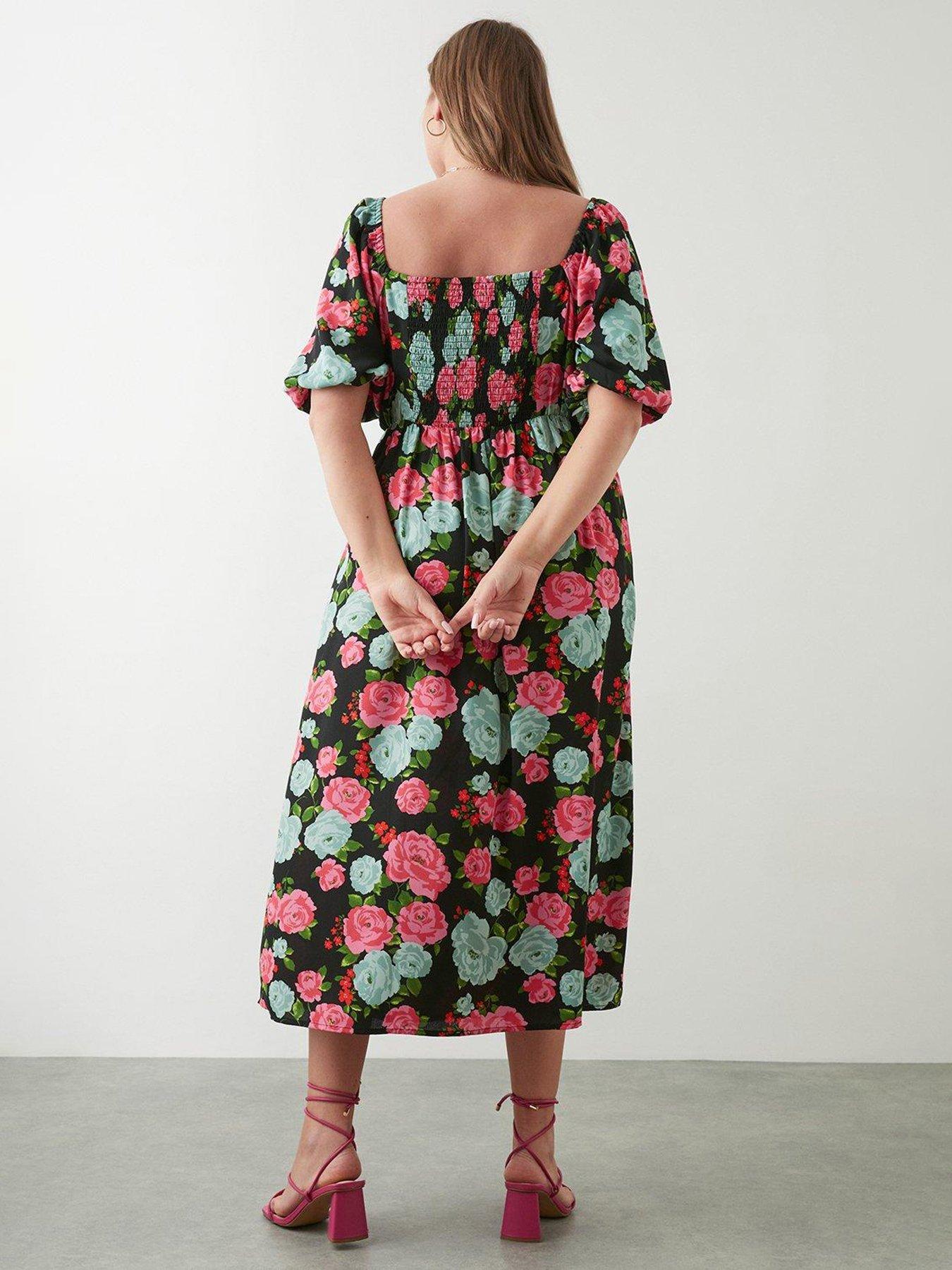 Dorothy Perkins Curve Floral Square Neck Midi Dress Black Very
