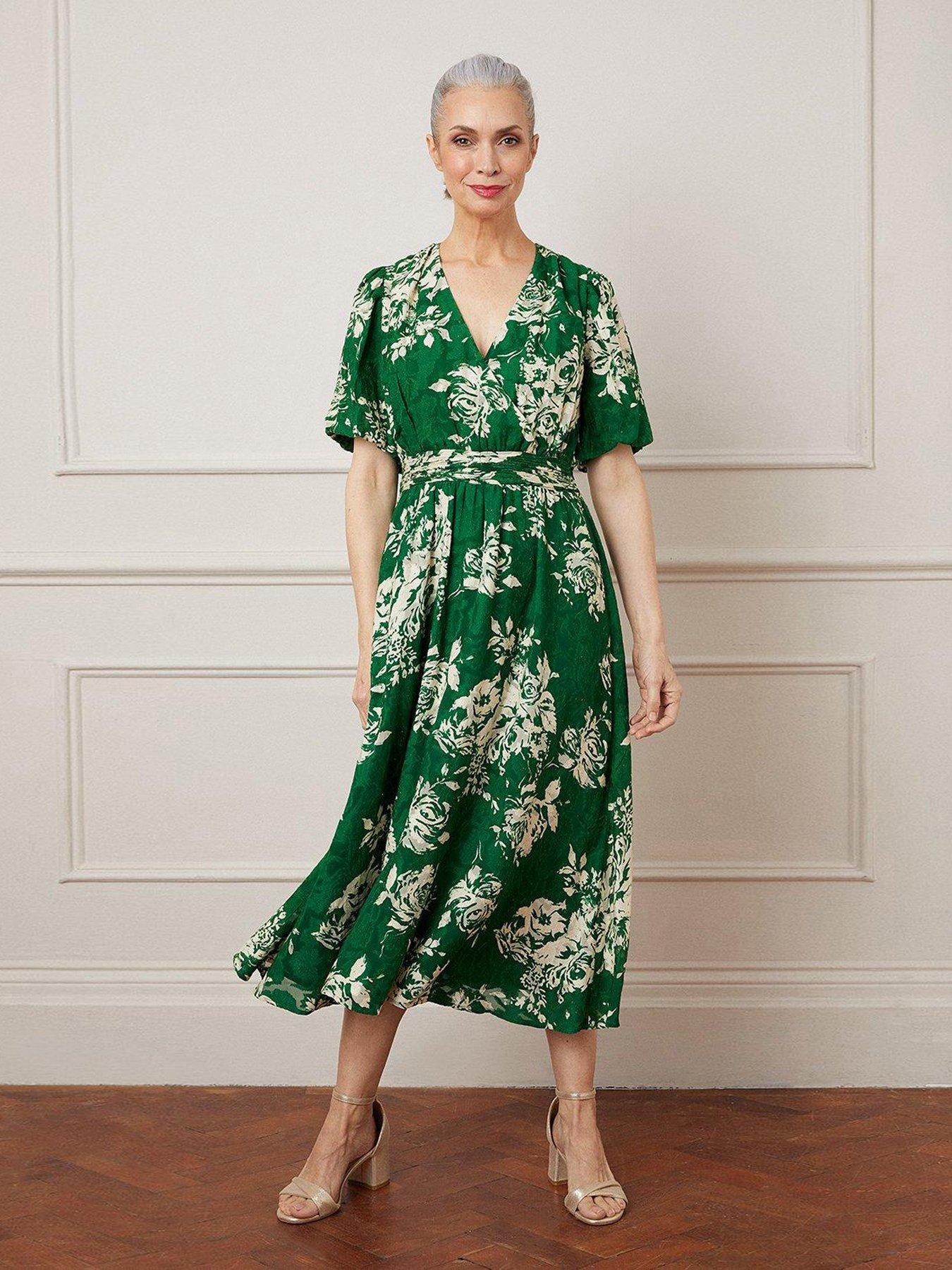 Wallis Floral Jacquard Balloon Sleeve Midi Dress - Green | very.co.uk