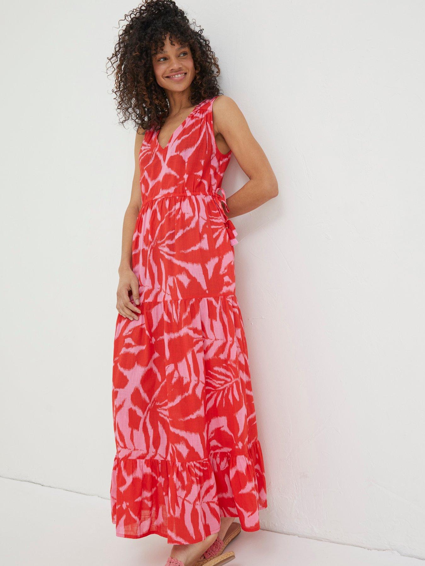 Avery Ikat Leaves Midi Dress Red