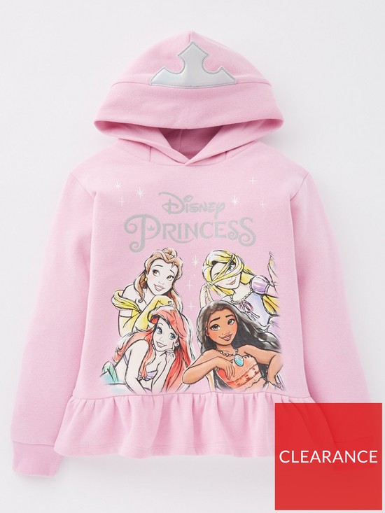 front image of disney-princess-glitter-print-hood-detail-hoodie-pink
