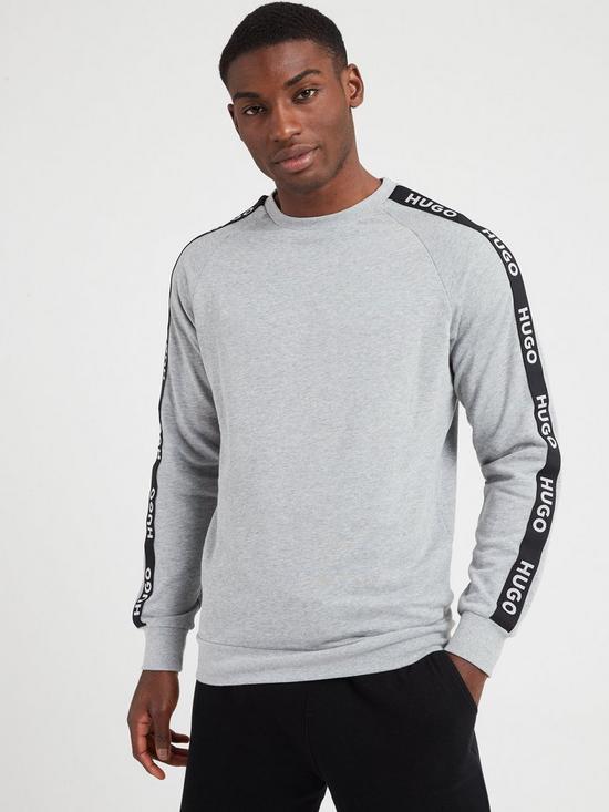 front image of hugo-sporty-tape-logo-lounge-sweatshirt-medium-grey