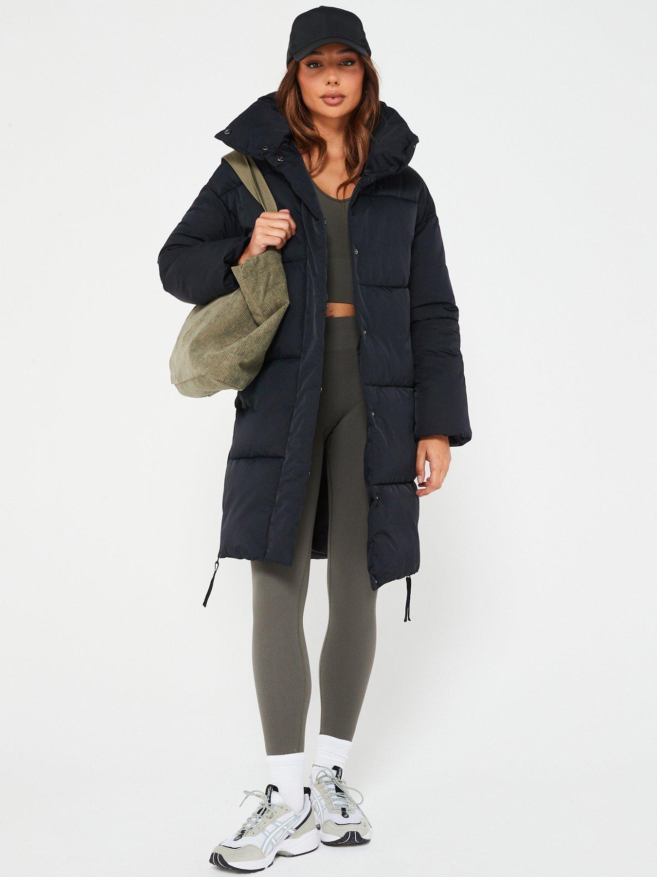 Pieces hooded longline padded coat in black