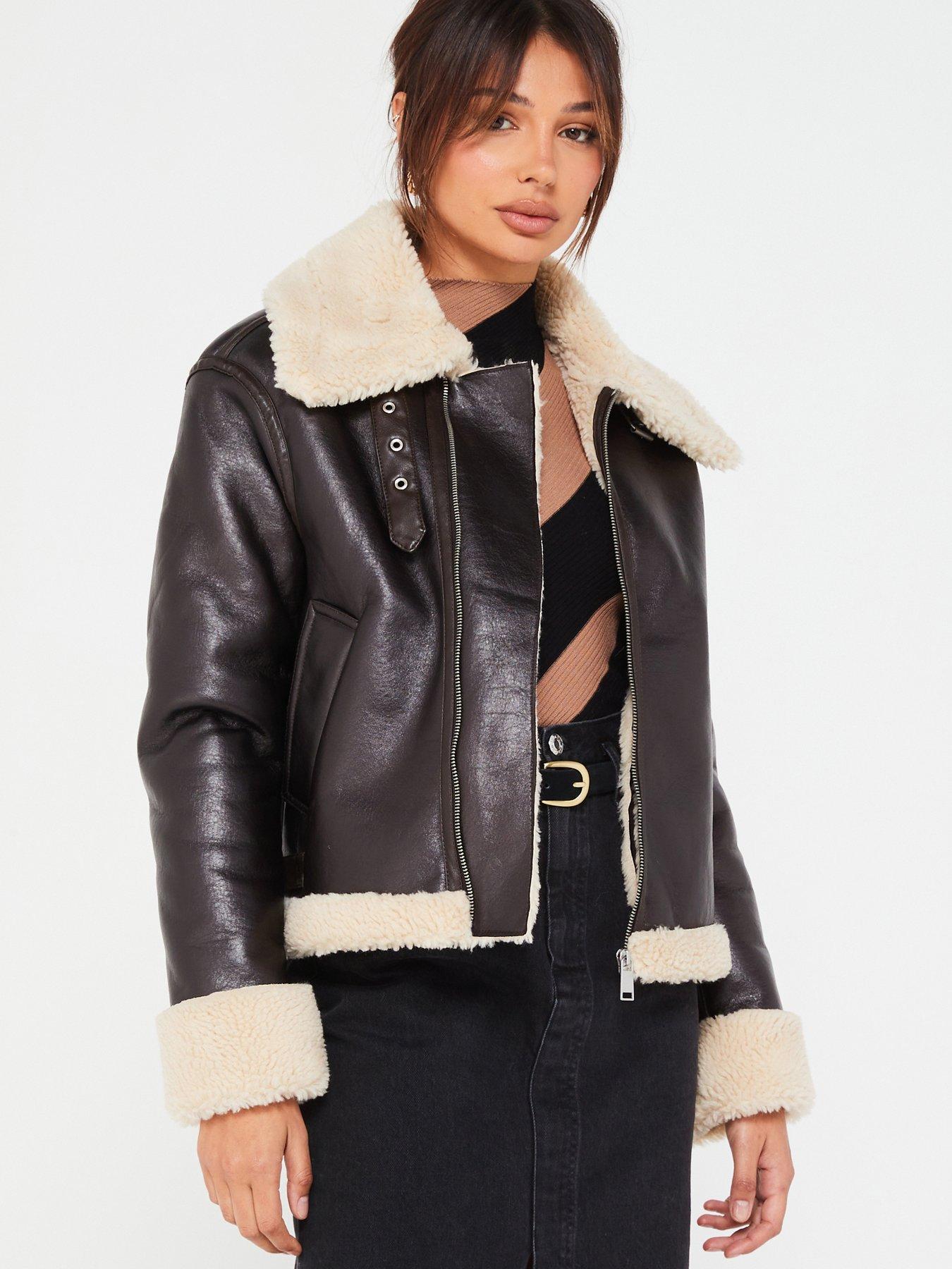 V by Very Faux Shearling Aviator Zip Jacket - Brown | Very.co.uk