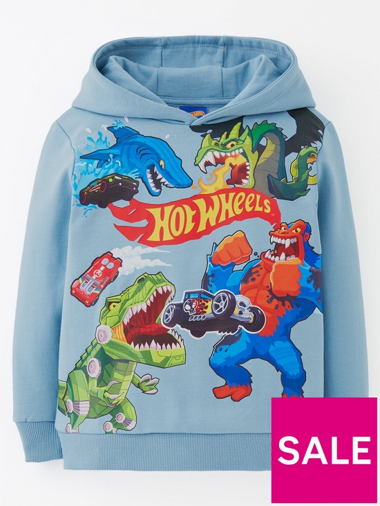 front image of hot-wheels-creatures-print-hoodie-blue