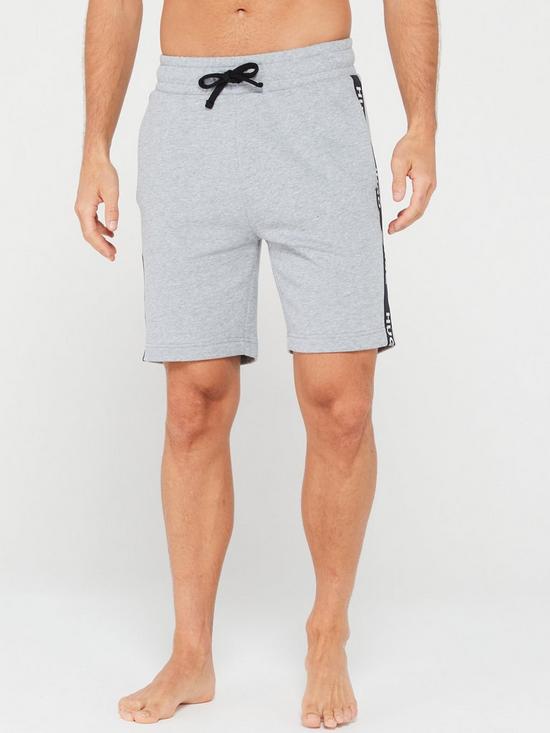 front image of hugo-sporty-tape-logo-lounge-shorts-medium-grey