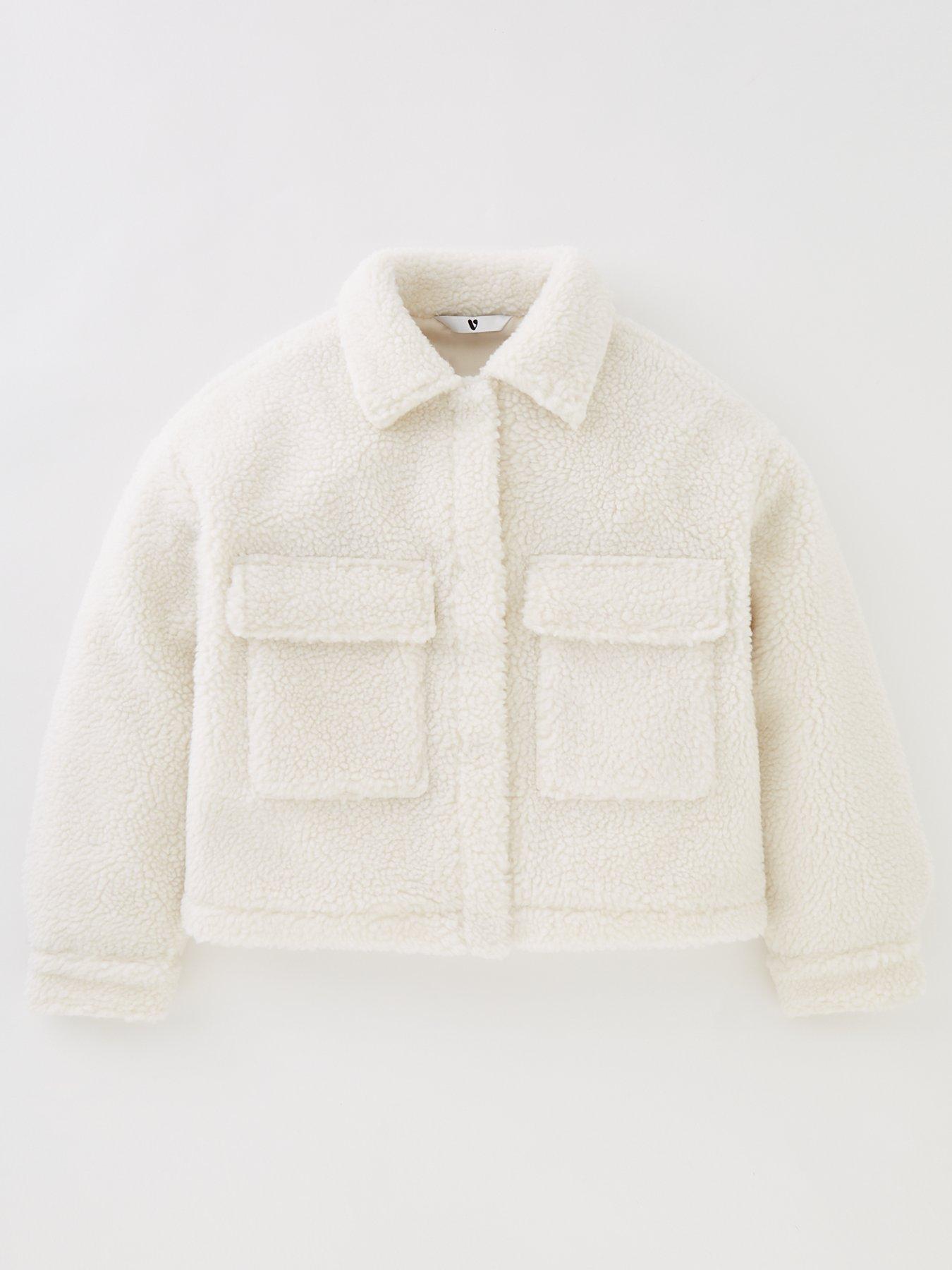 TOPSHOP UK SIZE 12 PETITE FAUX TEDDY FUR BORG OFF WHITE COAT WOMEN JACKET  LADIES