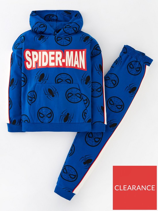 front image of spiderman-2-piece-all-over-print-hoodie-and-jogger-set-blue