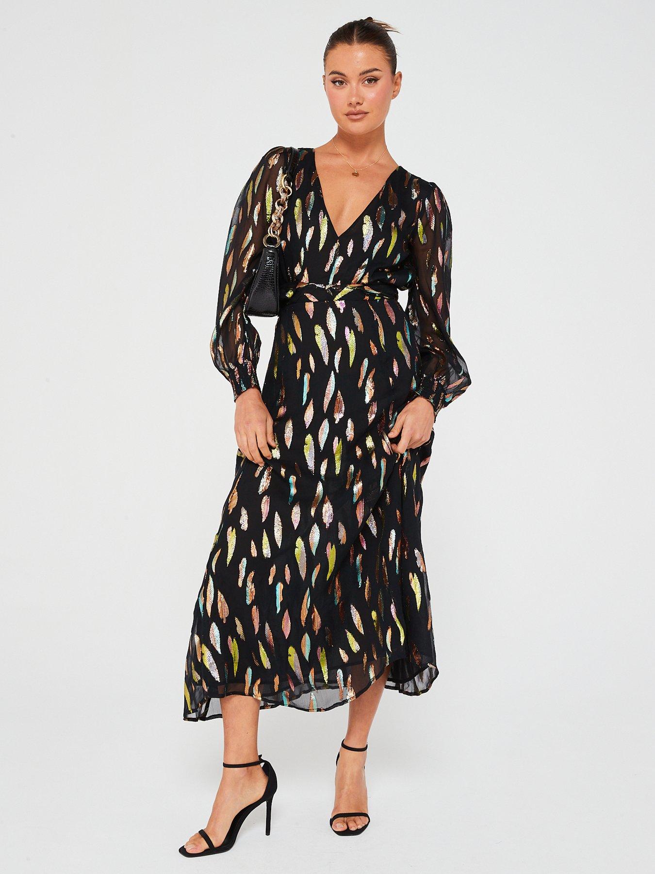 V by Very Lurex Jacquard Midi Dress - Black | Very.co.uk