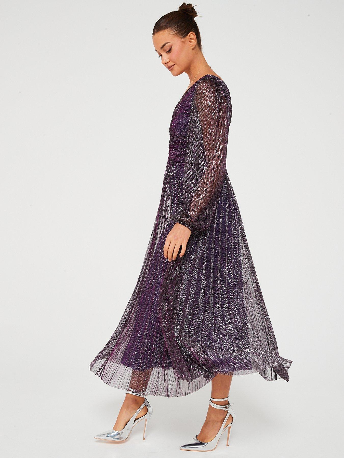 V by Very Long Sleeve Pleated Midi Dress - Purple | very.co.uk