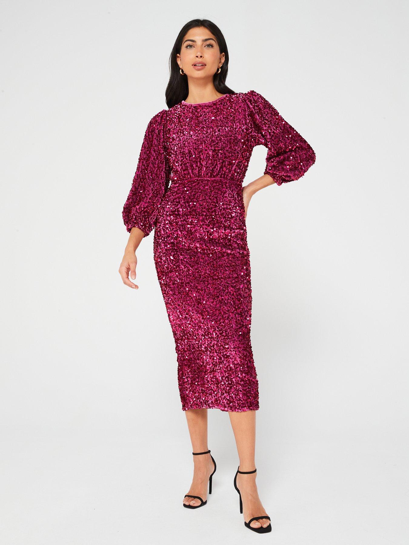 V by Very Puff Sleeve Sequin Midi Dress - Pink