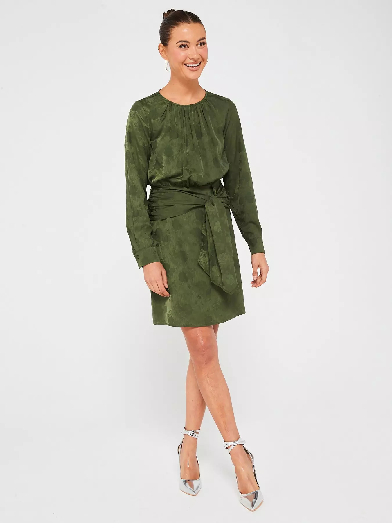 In Awe | Petite Bottle Green Sequin Wrap Long Sleeve Belted Mini Dress