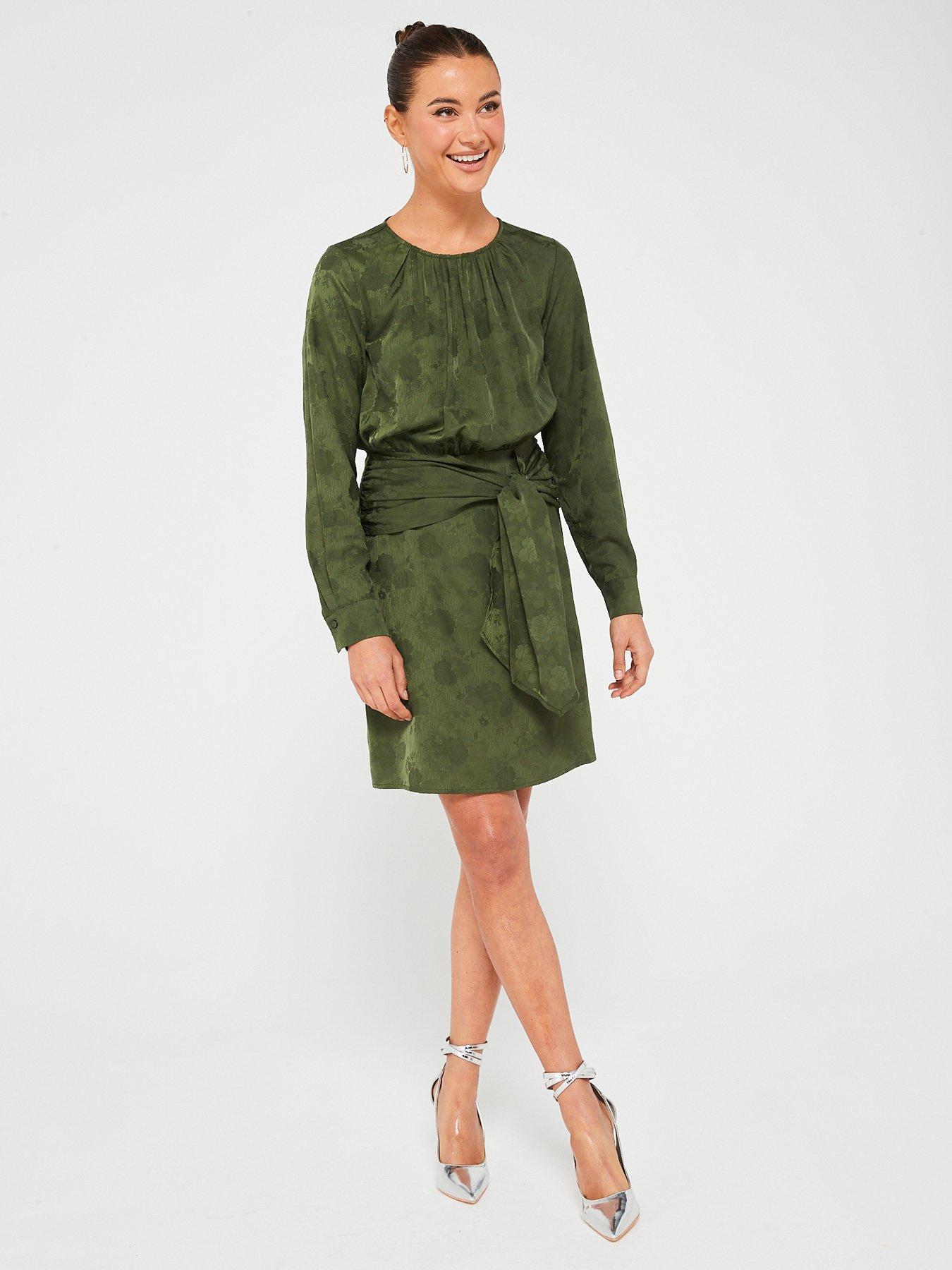 Long Sleeve Crew Neck Jacquard Belted Mini Dress Green