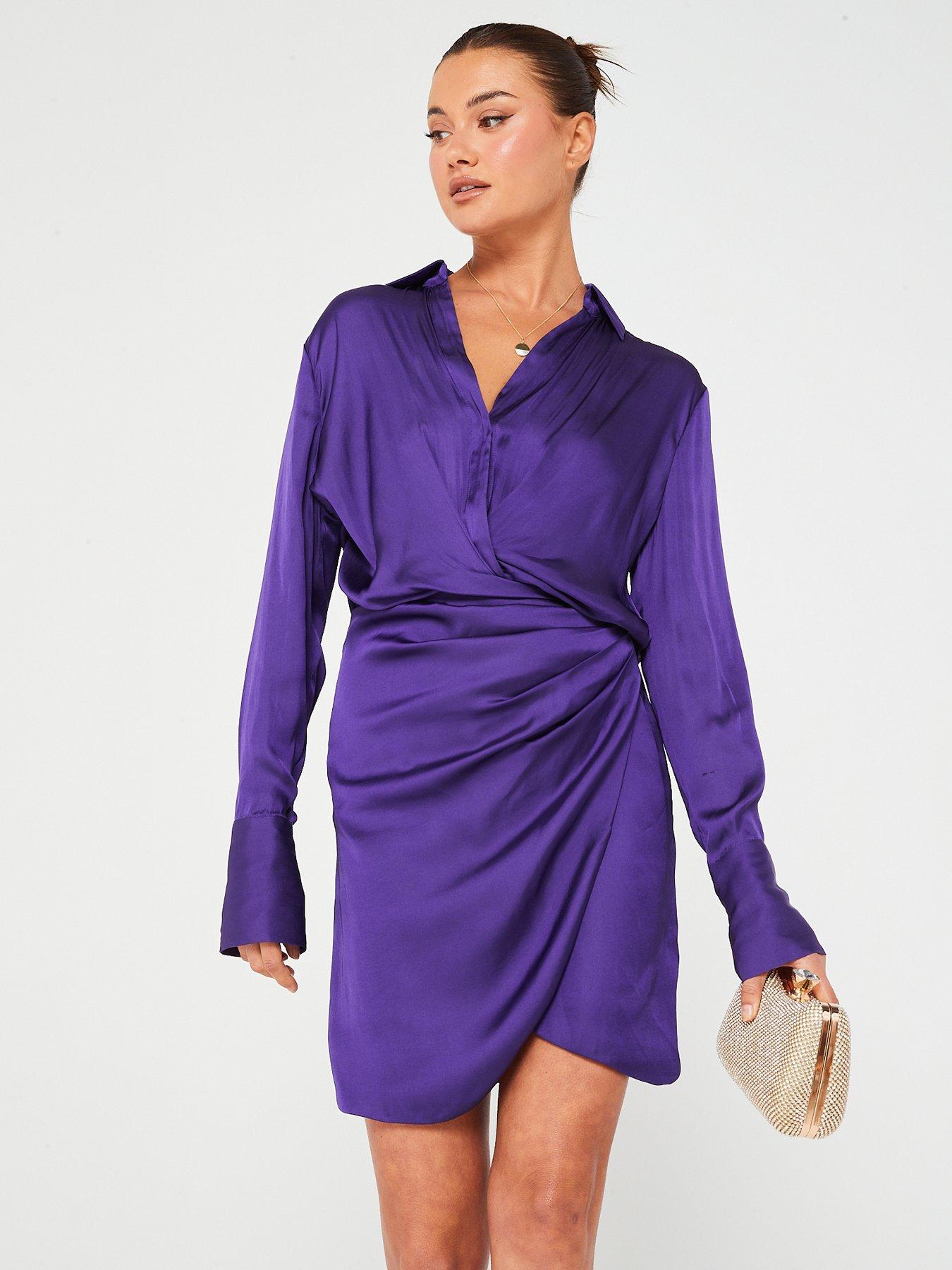 V by Very X Carol Byrne Long Sleeve Satin Wrap Mini Dress - Purple ...