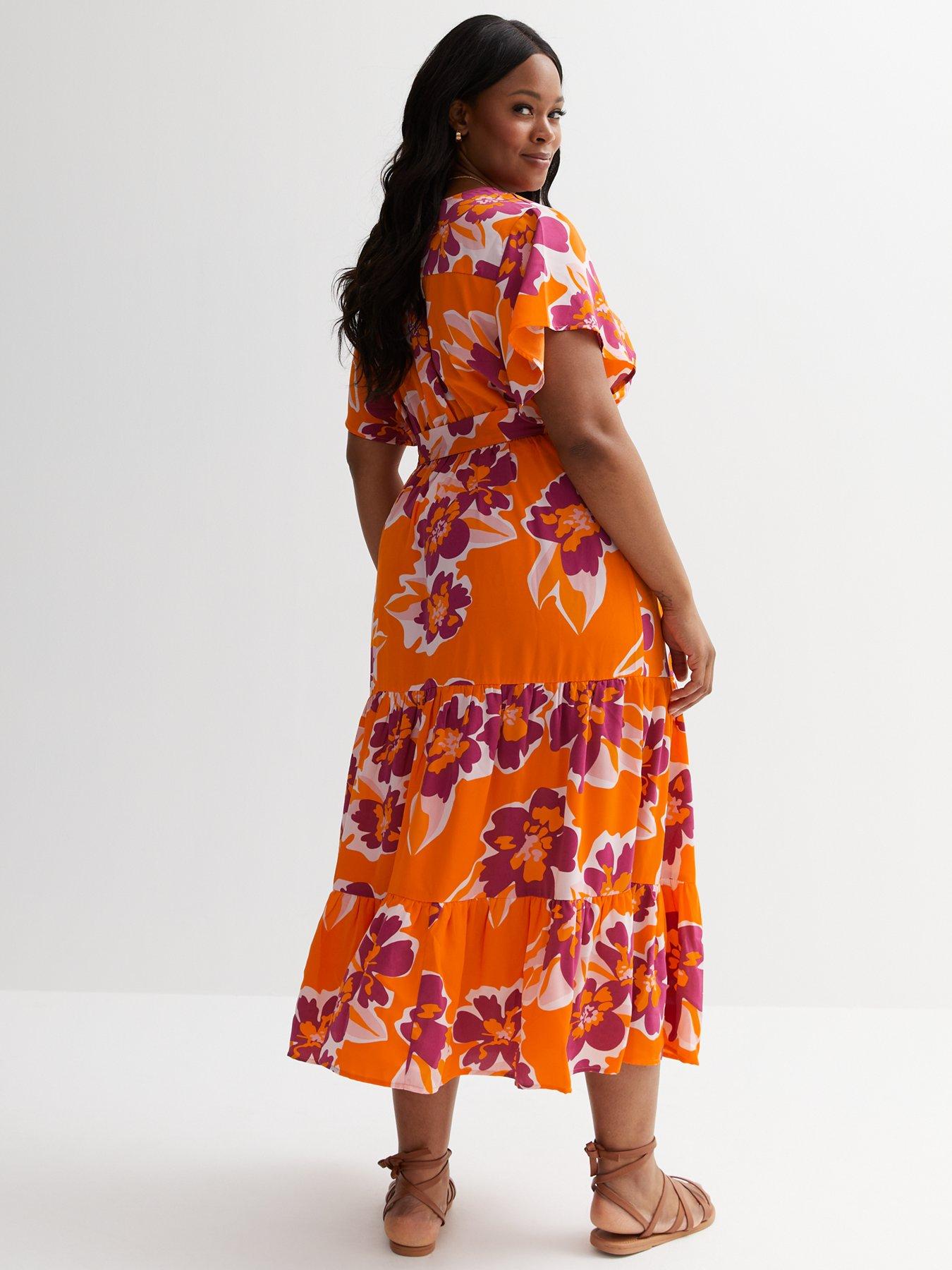 New Look Curves Orange Floral Wrap Midi Dress very