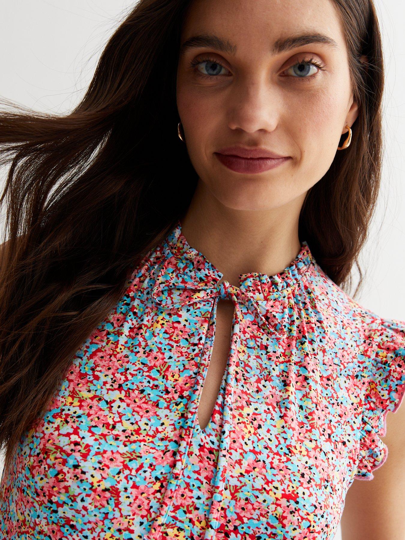 New Look Multicoloured Ditsy Floral Tie Neck Mini Dress | Very.co.uk