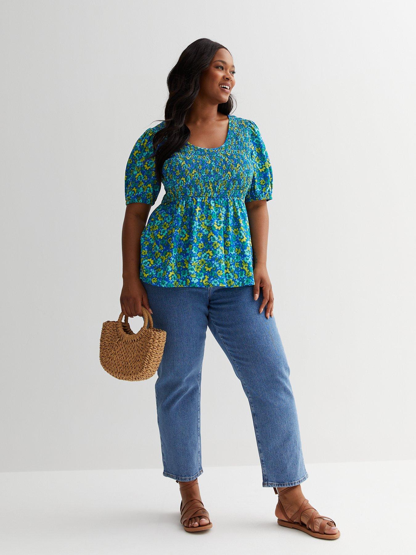 New Look Curves Blue Floral Shirred Peplum Top