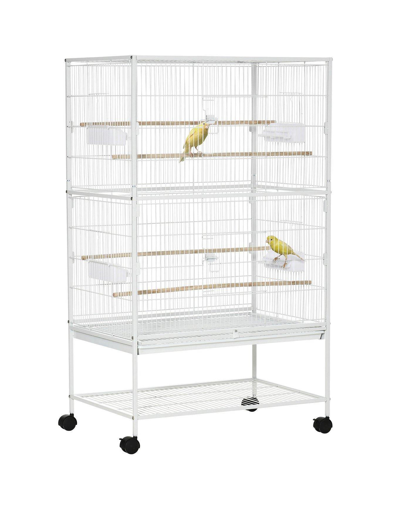 pawhut-large-bird-cage-aviary-for-finch-canaries-budgies-with-rolling-stand-slide-out-tray-storage-shelf-wood-perch-food-containers-white