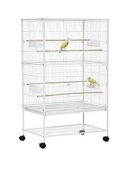 Product photograph of Pawhut Large Bird Cage Aviary For Finch Canaries Budgies With Rolling Stand Slide-out Tray Storage Shelf Wood Perch Food Containers White from very.co.uk