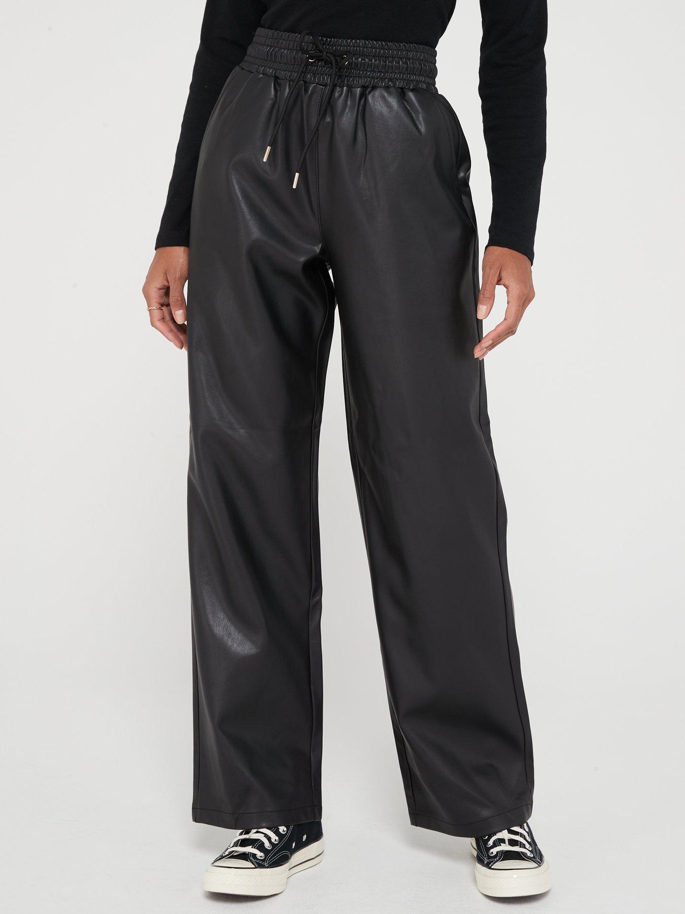 V by Very Faux Leather Elasticated Waist Wide Leg Trousers - Black