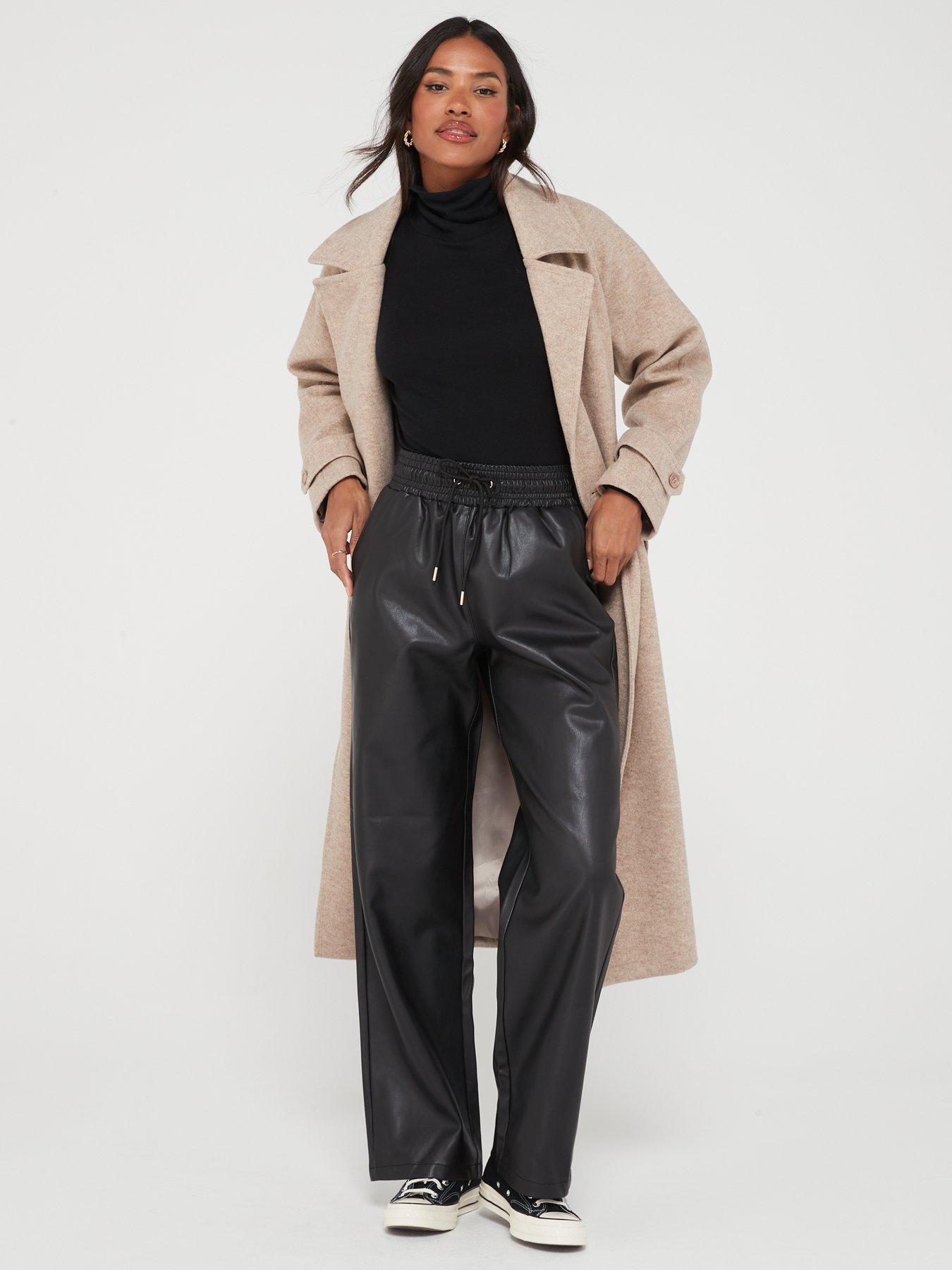 V by Very Faux Leather Elasticated Waist Wide Leg Trousers - Black