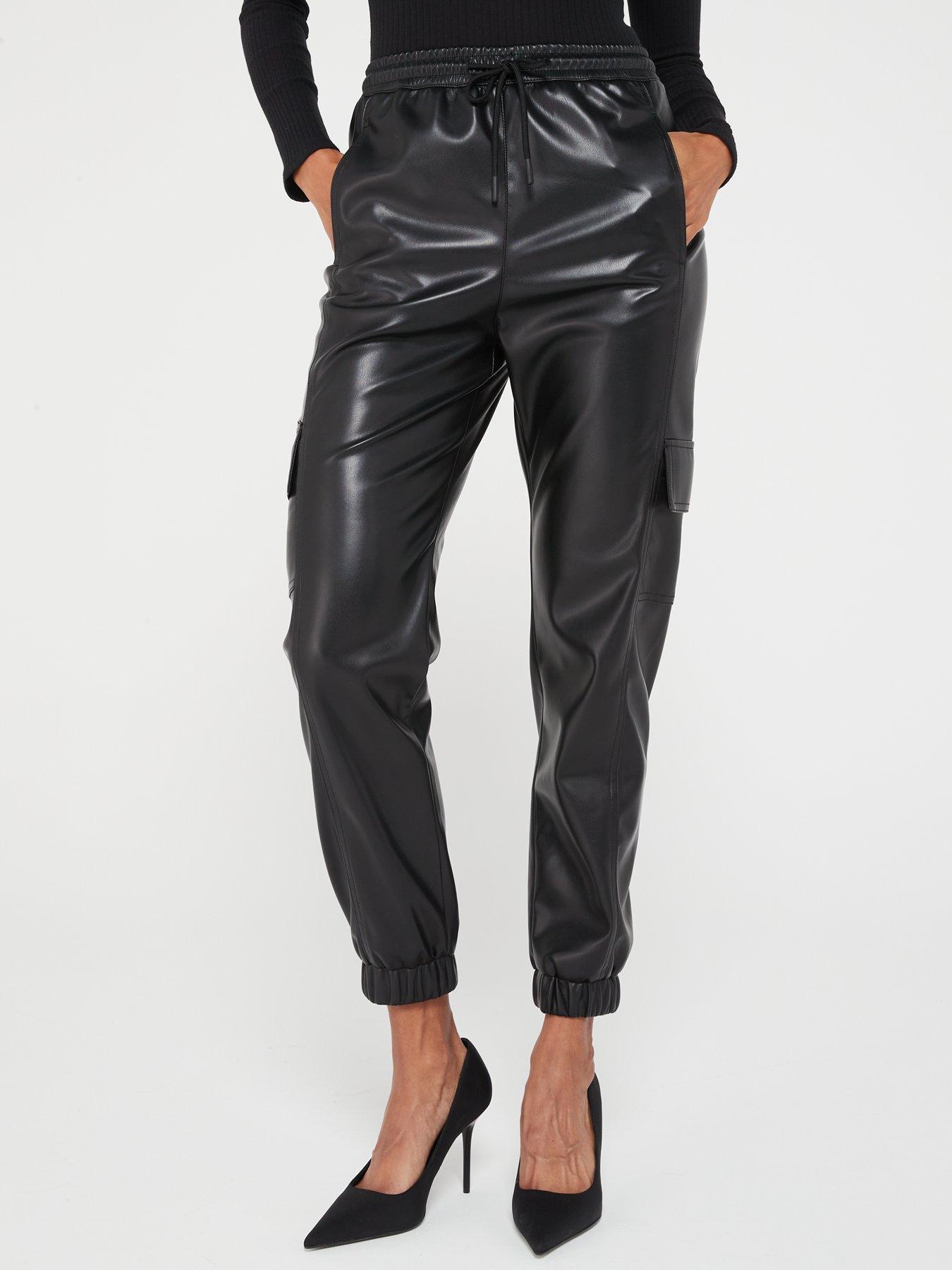 Fashion (Black 2)Women Faux Leather Cargo Pants Jogger Thick Tummy