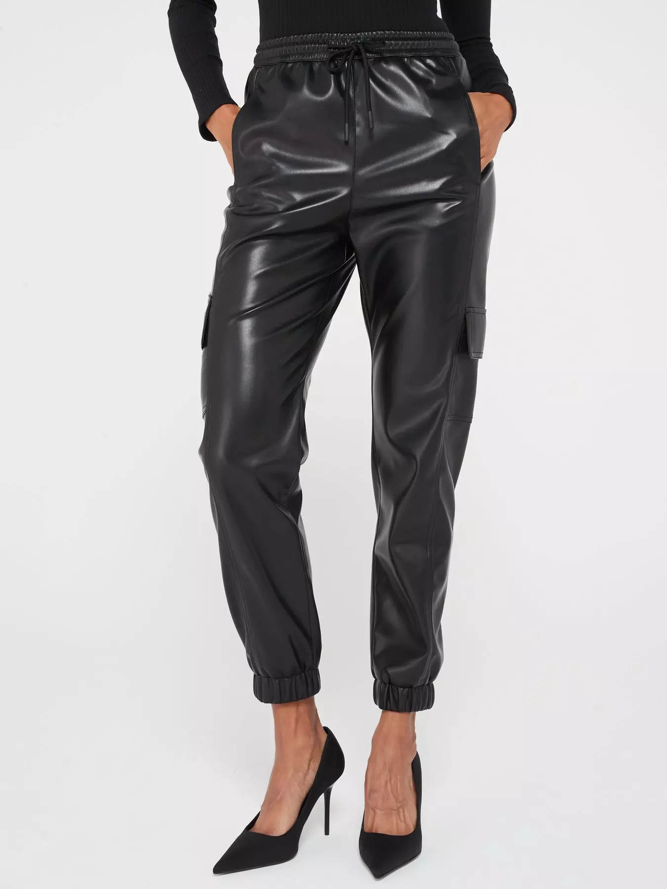Women's Faux leather Boot cut Trousers Black coated Pants + Belt UK 6-14