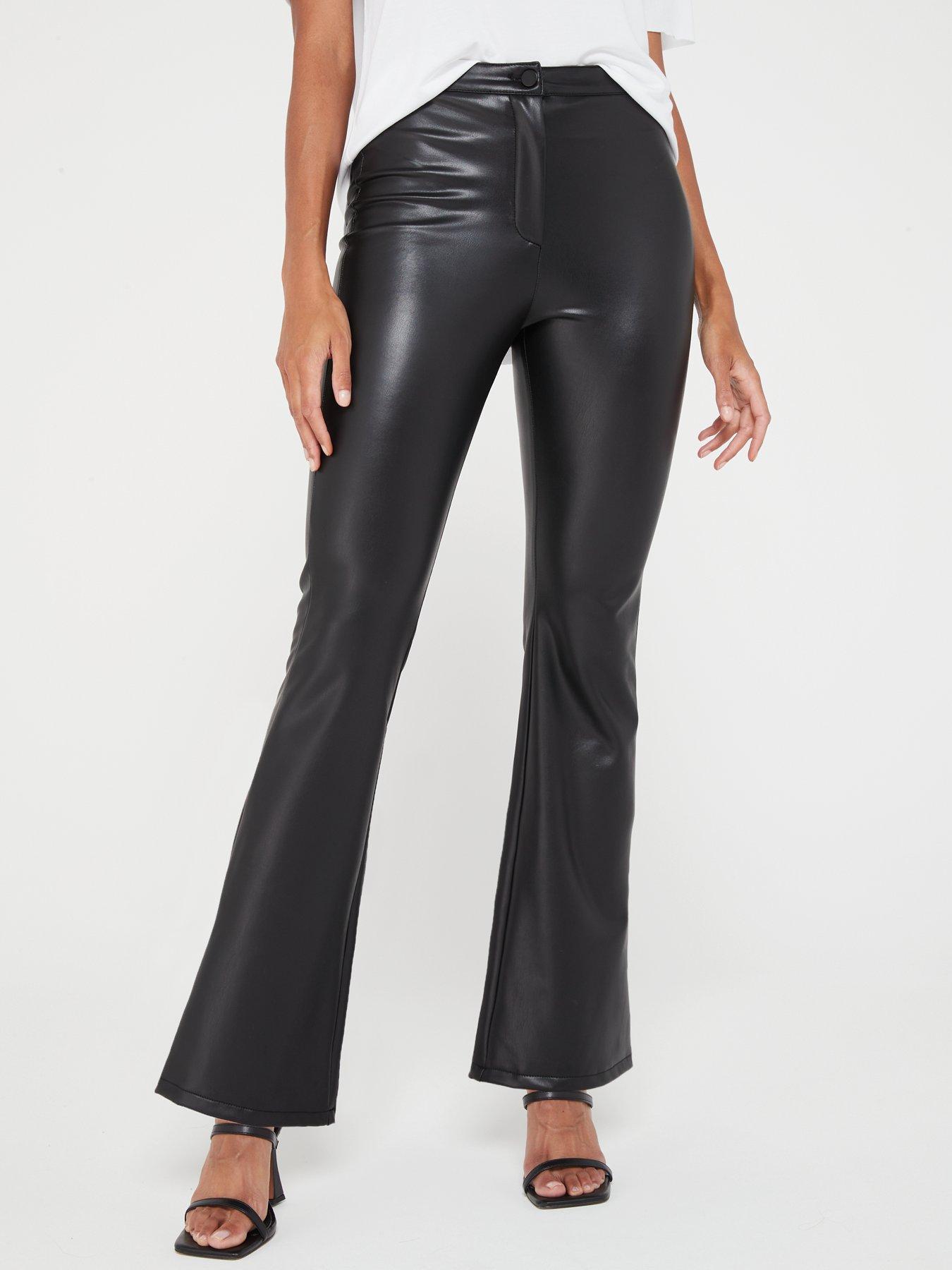 Black Faux Leather Thong Back Flare Pants