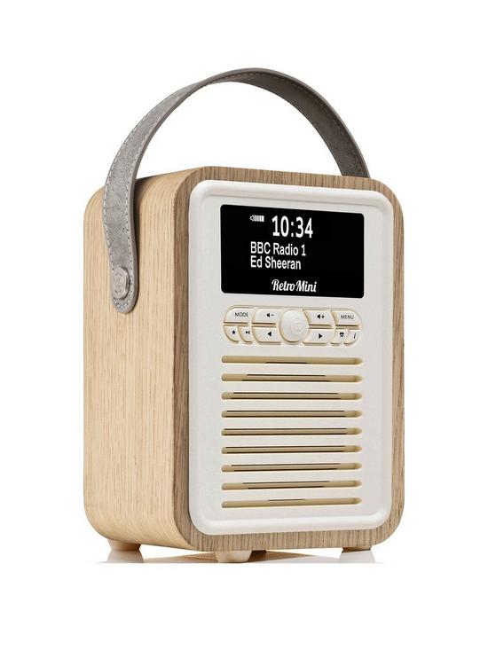 front image of vq-retro-mini-portable-dab-radio-with-bluetooth-oak