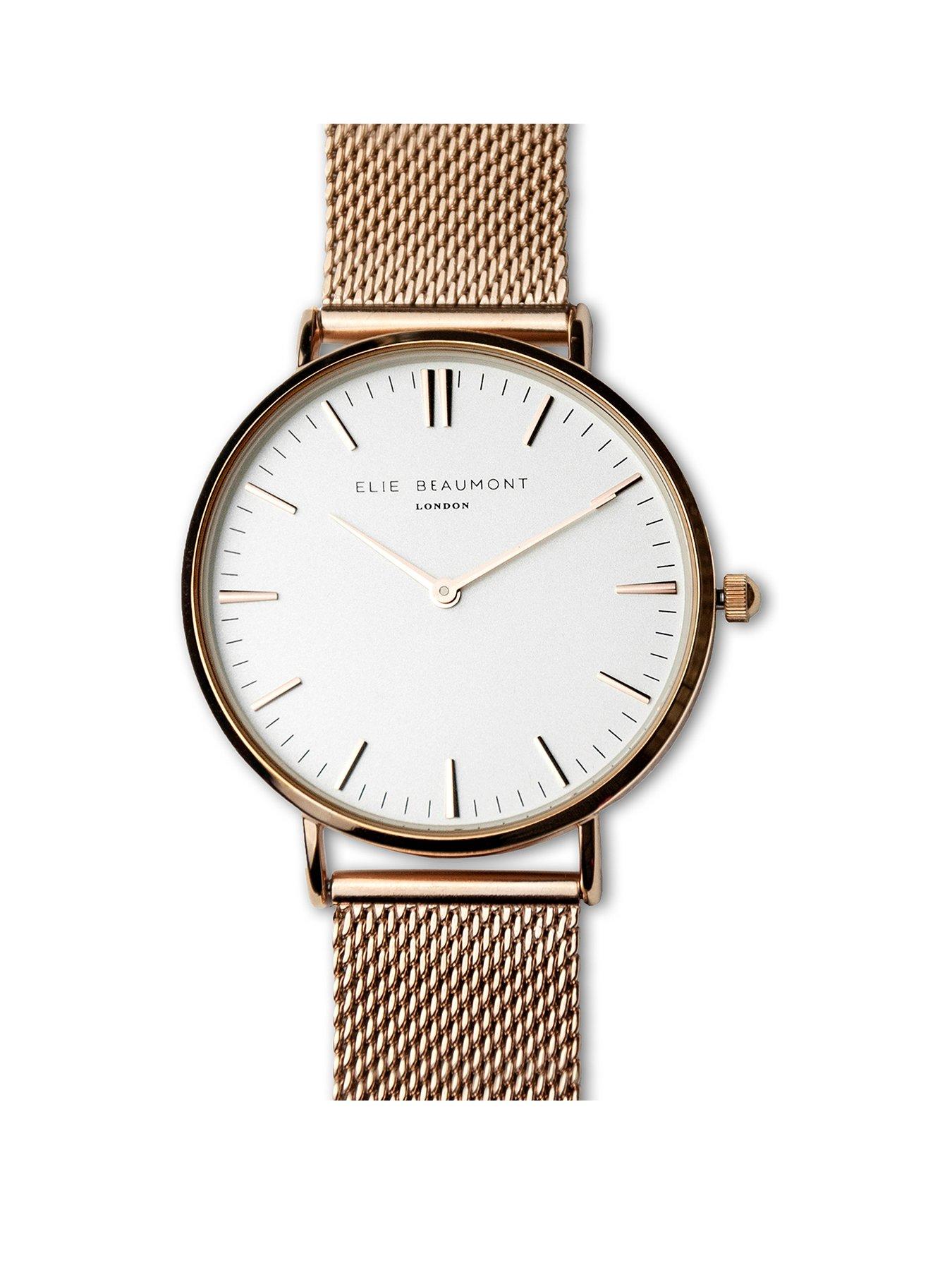 Product photograph of Treat Republic Personalised Elie Beaumont Ladies Rose Gold Mesh Strapped Watch With White Dial from very.co.uk