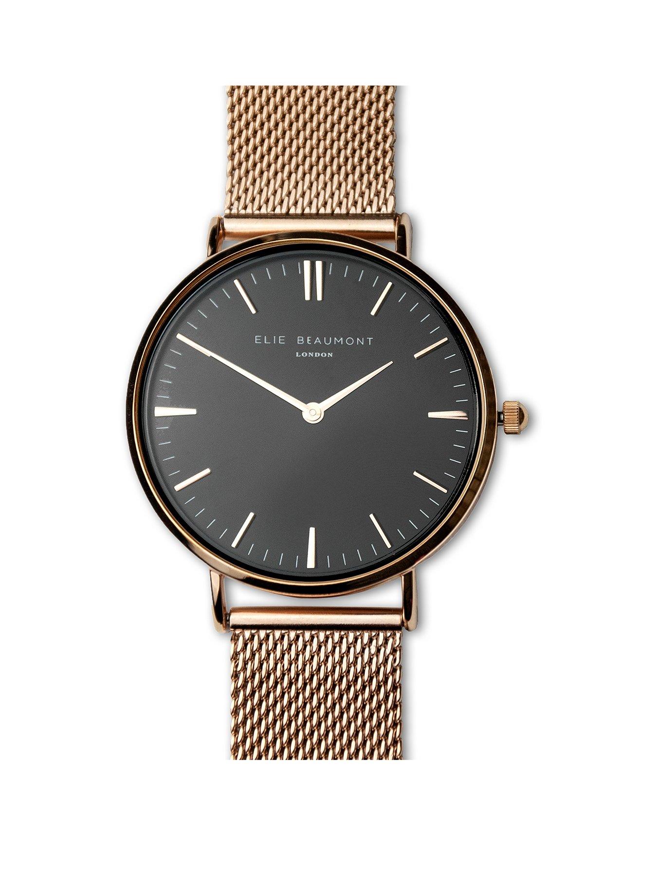 Product photograph of Treat Republic Personalised Elie Beaumont Ladies Rose Gold Mesh Strapped Watch With Black Dial from very.co.uk