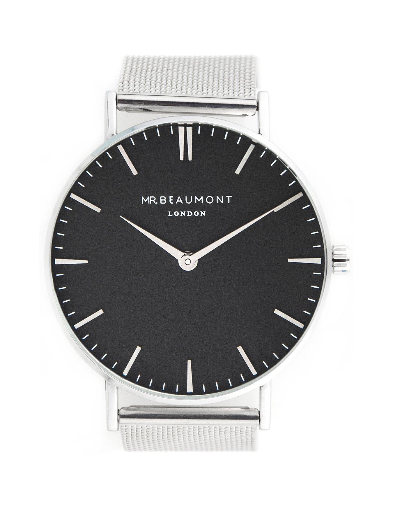 Product photograph of Treat Republic Personalised Mr Beaumont Men S Metallic Silver Watch With Black Face from very.co.uk