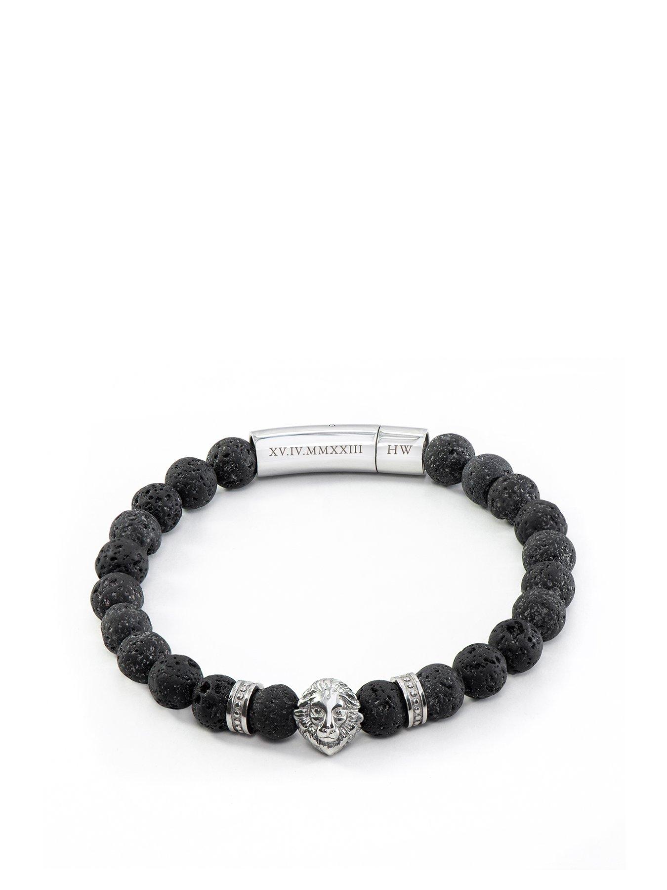 Product photograph of Treat Republic Personalised Men S Silver Lion Black Beaded Bracelet from very.co.uk