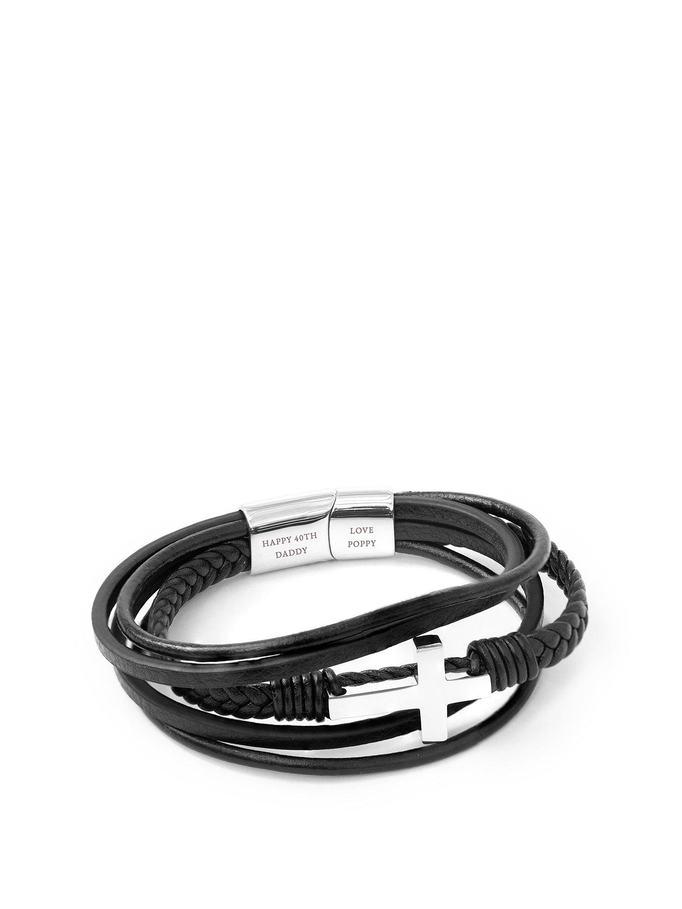 Image 1 of 5 of Treat Republic Personalised Mens Cross Leather Stacked Bracelet
