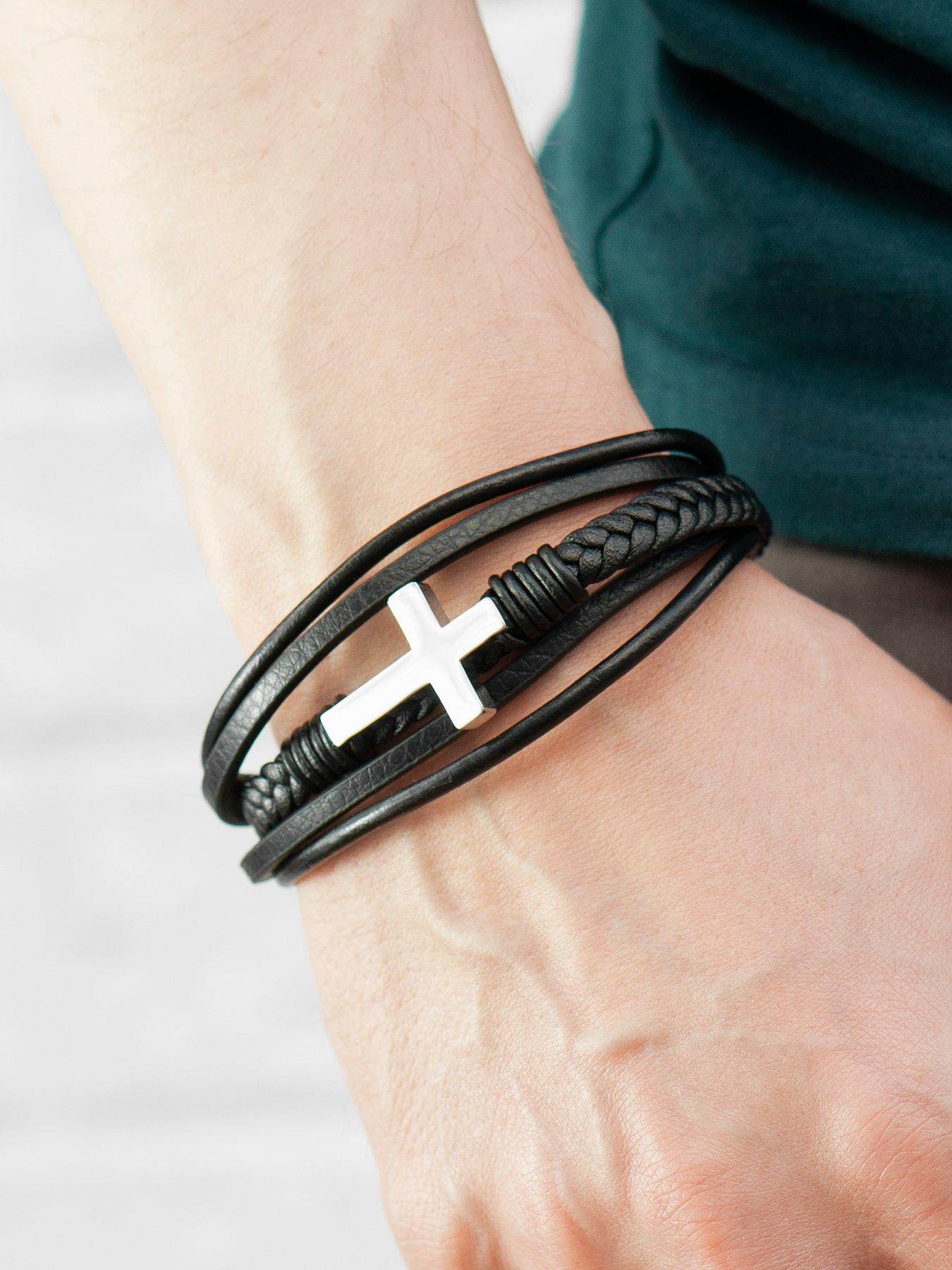 Image 2 of 5 of Treat Republic Personalised Mens Cross Leather Stacked Bracelet