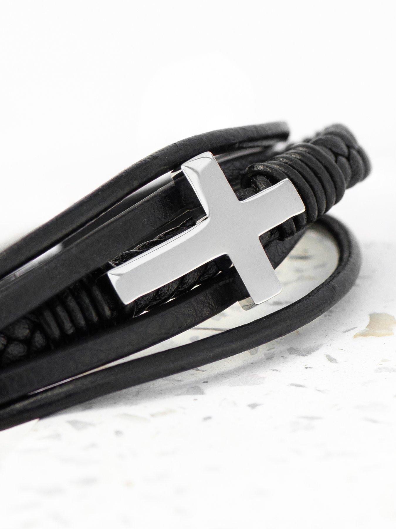 Image 4 of 5 of Treat Republic Personalised Mens Cross Leather Stacked Bracelet